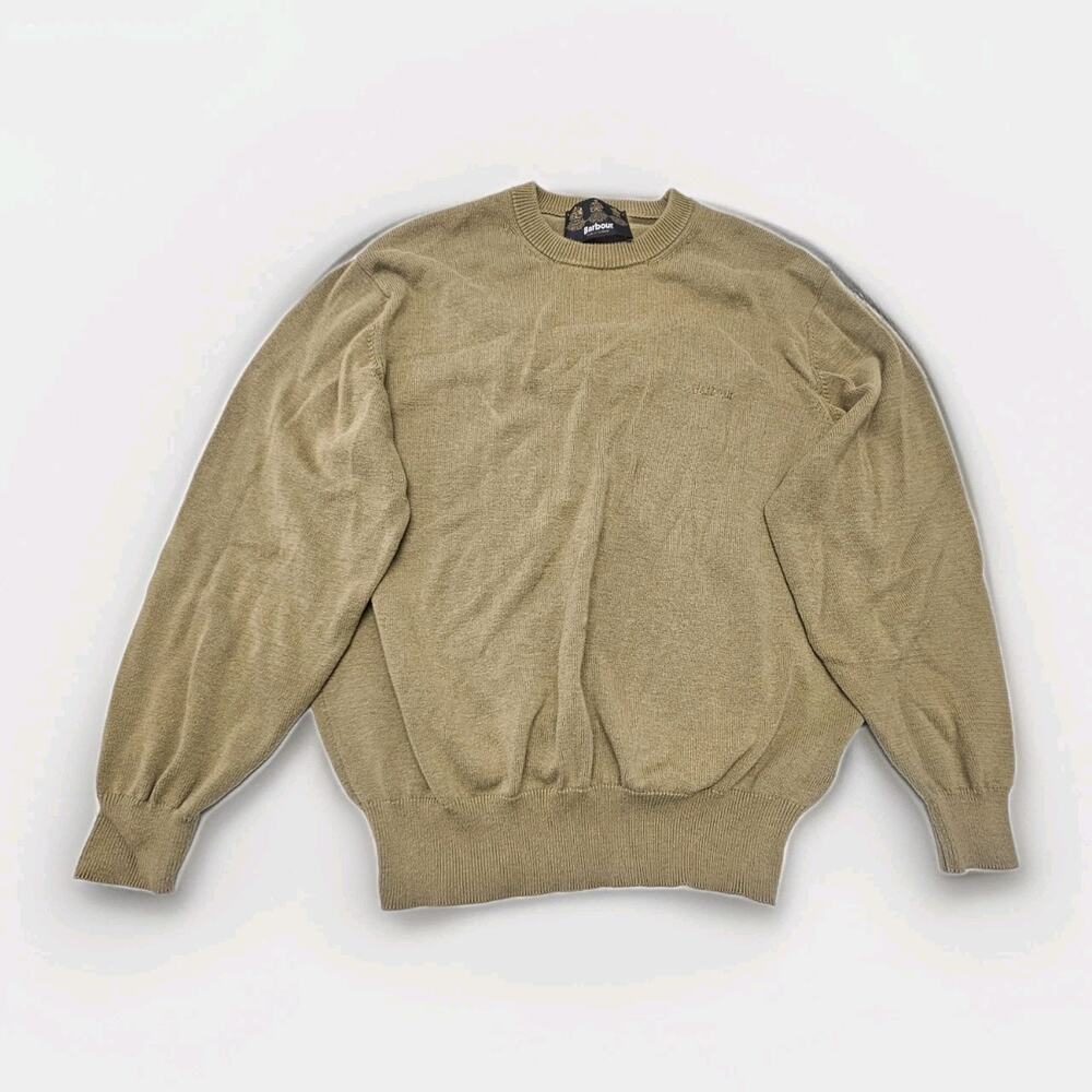 Vintage Barbour Mens Sweater Large Khaki Sports Cotton Crew Neck Scotland Made